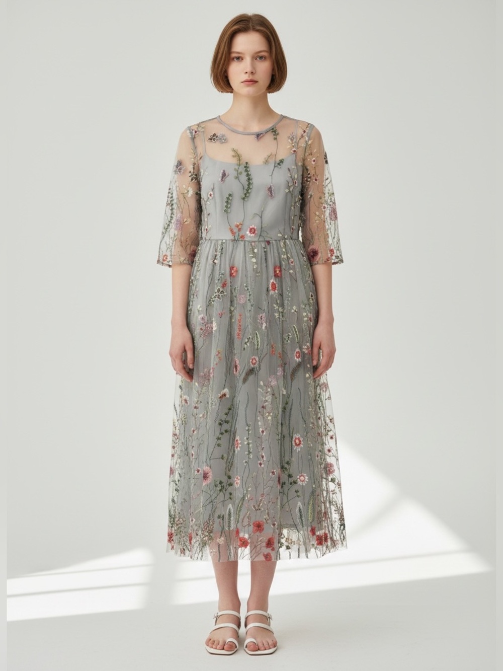 Women Sheer 3/4 Sleeve Tulle Floral Maxi Dress Embroidered Butterfly Fairy Boho
